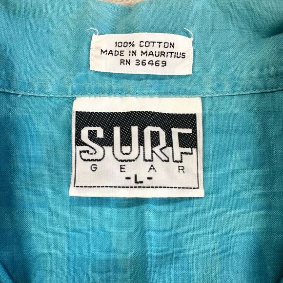 Vintage SURF GEAR Shirt Mens Large Blue Wave Pattern SS Camp Button Up - Picture 4 of 10